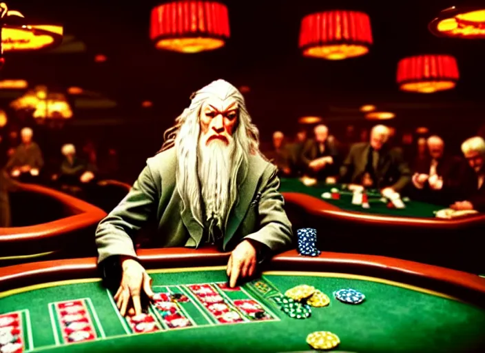 Prompt: film still of gandalf gambling in a casino in new lord of the rings movie, 8 k