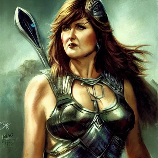 Image similar to portrait of lucy lawless wearing armor and holding sword by frank fazetta, fantasy, barbarian