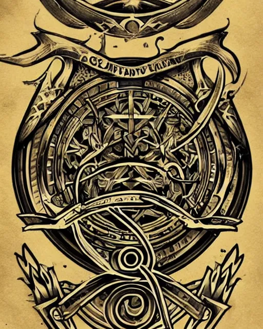 Prompt: cool alchemy tattoo design idea on transparent background