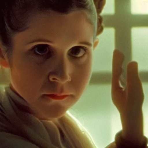 Image similar to film still of carrie fisher as a kid in new star wars movie, dramatic lighting, highly detailed face, kodak film, wide angle shot,