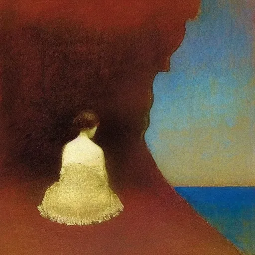 Image similar to a woman and her black and brown chihuahua looking out to sea by odilon redon