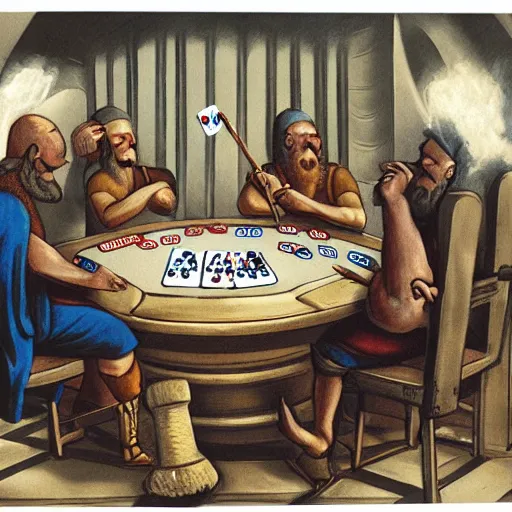 Image similar to Nordic Gods playing poker, detailed