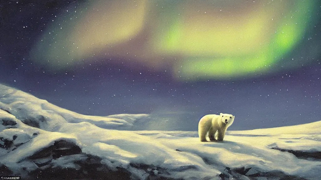 Image similar to an oil painting of a close - up polar bear traversing a snowy landscape at night, the northern lights and the moon are visible