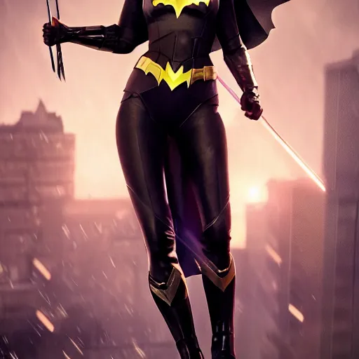 Image similar to a potrait of Gal Gadot as Batgirl with Batman v Superman style suit by Greg Rutkowski, Sung Choi, Mitchell Mohrhauser, Maciej Kuciara, Johnson Ting, Maxim Verehin, Peter Konig, 8k photorealistic, cinematic lighting, HD, high details, dramatic, trending on artstation, full body shot