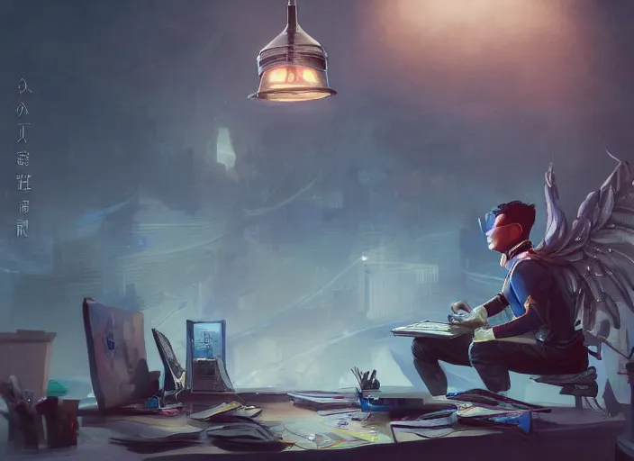 Image similar to an insanely detailed painting of an asian man wearing a homemade superhero costume, sitting at a desk, staring at the nervously at the computer and typing, in the style of peter mohrbacher, dramatic lighting and composition, surreal background, octane render, pixar, trending on artstation, concept art, comic book, view from behind