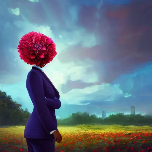 Image similar to closeup, giant rose flower head, frontal, girl in a suit, surreal photography, sunrise, blue sky, dramatic light, impressionist painting, digital painting, artstation, simon stalenhag