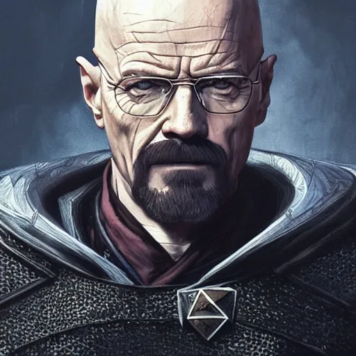 Image similar to Walter White as a Witcher, D&D, fantasy, intricate, elegant, highly detailed, digital painting, artstation, concept art, matte, sharp focus, illustration, hearthstone, art by Artgerm and Greg Rutkowski and Alphonse Mucha