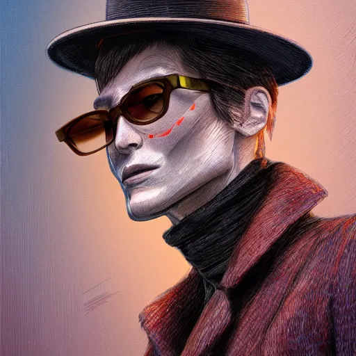 Prompt: portrait of a sneaky dinosaur wearing a long coat a hat and sunglasses in a smoky new york back street, digital painting, natural light, vibrant, intricate, textured skin, highly detailed, artstation, sharp, focus, illustration, anna dittmann, ilya kuvshinov, nikolay makovsky