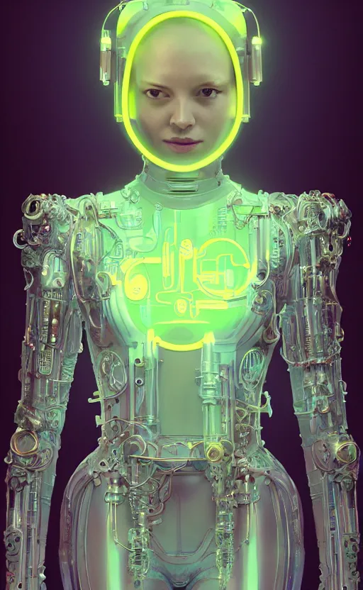 Prompt: an intricate android with bright neon hydraulics, body made from porcelain and brass, leather gloves, pastel colors, 1 9 5 0 sci - fi, studio lighting, full body, calm, art nouveau, steampunk, ambient occlusion, octane render, metropolis, ultra detailed, artgerm, greg rutkowski, norman rockwell, tom bagshaw