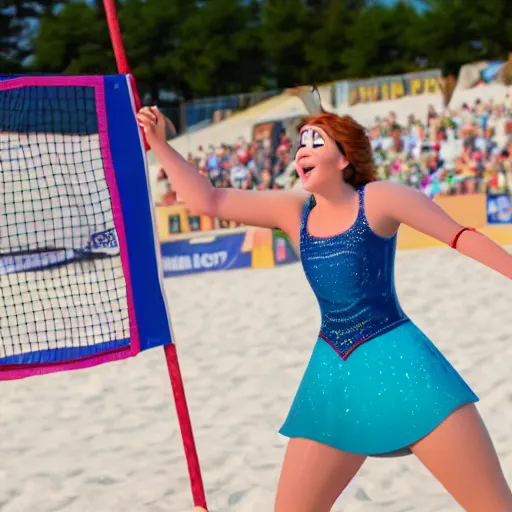 Prompt: anna from frozen playing beach volleyball, ultra realistic, 8 k, highly detailed