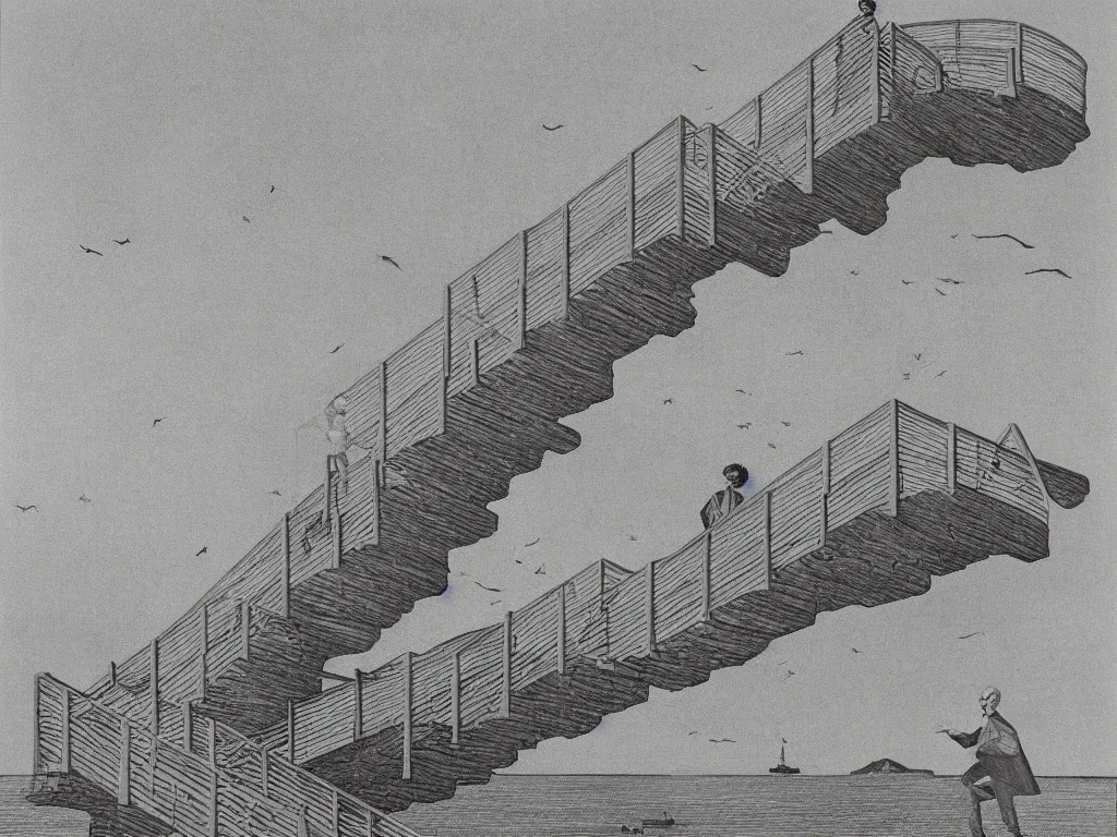 Image similar to lithograph printed in 1976. It depicts a man in a art gallery viewing a print of a seascape. The man's reflection is seen in the print, and the reflection shows the man walking down a staircase. The staircases in the print appear to be infinite, By M. C. Escher, colorized by Hayao Miyazaki