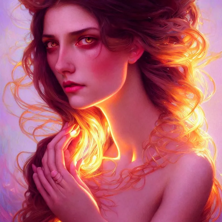 Prompt: bright asthetic portrait LSD glowing backlit, fantasy, intricate, elegant, dramatic lighting, highly detailed, lifelike, photorealistic, digital painting, artstation, beautiful woman, gorgeous face, illustration, concept art, smooth, sharp focus, art by John Collier and Albert Aublet and Krenz Cushart and Artem Demura and Alphonse Mucha