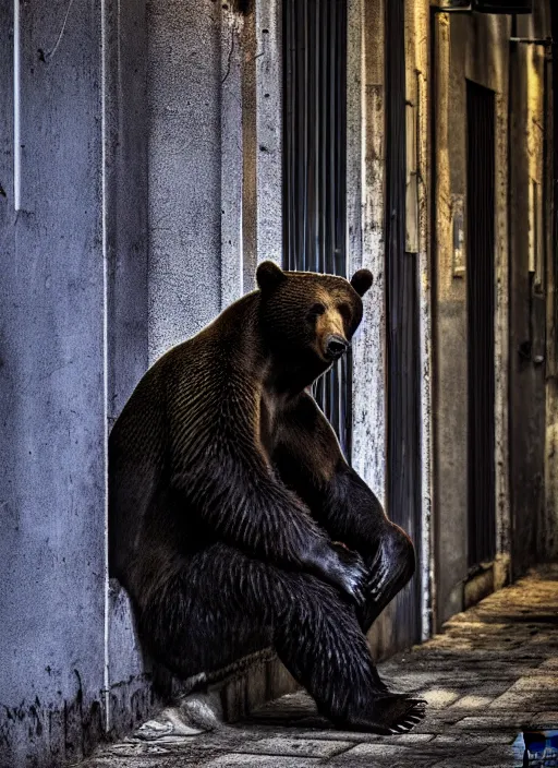 Image similar to bear man waiting in a dark alley, 8k resolution, high detail, reflections, post processing