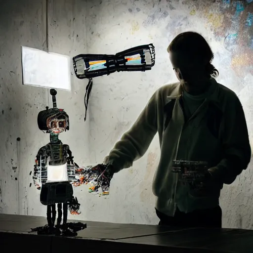 Image similar to a photo portrait of hobo creating a robogirl from the empty beer bottles and cardboard boxes. symmetry, awesome exposition, very detailed, highly accurate, professional lighting diffracted lightrays, 8 k, sense of awe