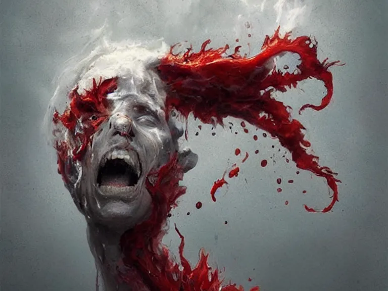 Image similar to painting by greg rutkowski of a flying human head with tears running down it's face face that is chalk white in color, with white!! tentacles coming down through the neck, fiery scorching red eyes, flying in a terrying hell like cavernous place