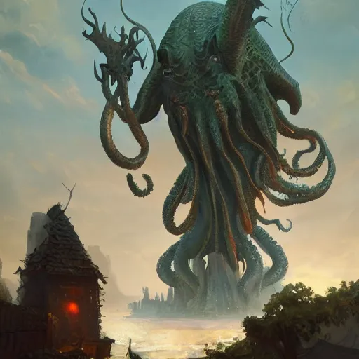 Image similar to gigantic cthulhu, small village for size comparison, dramatic light, painted by stanley lau, painted by greg rutkowski, painted by stanley artgerm, digital art, trending on artstation