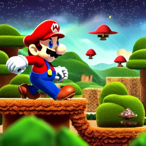 Image similar to Mario jumping off a white and red spotted mushroom, Mario brothers theme, mushroom kingdom in background, landscape, beautiful, colorful, cinematic composition, exotic plants, goombas,