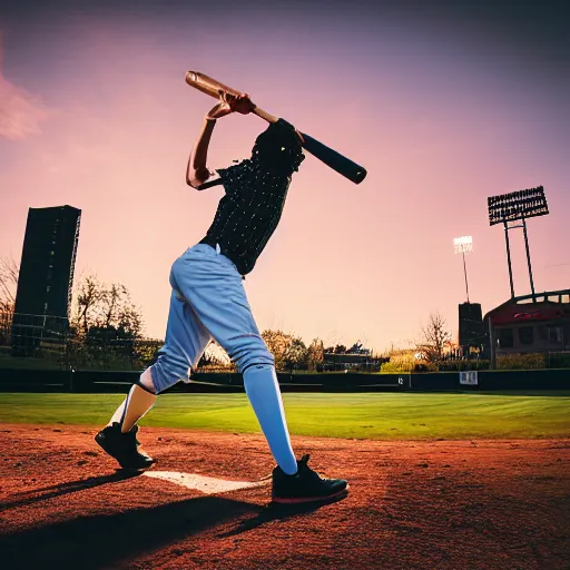 Image similar to playboi carti playing softball, baseball bat, baseball, outside, clear sky, golden hour sunlight, hdr, 4 k, widelens, photograph