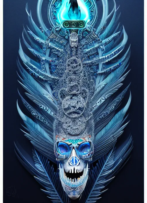 Image similar to 3 d shaman with tattoos profile portrait, sigma 5 0 0 mm f / 5. beautiful intricate highly detailed quetzalcoatl skull and feathers. bioluminescent, plasma, frost, water, wind, creature, gradient background, thunderstorm! artwork by tooth wu and wlop and beeple and greg rutkowski, 8 k trending on artstation,