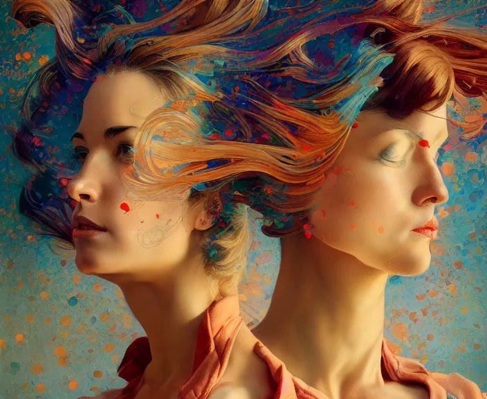 Prompt: fantastic extraordinary beautiful women into fluid infinity variations of colours mass, mid shot, norman rockwell, viktor safonkin, jeff dekal, larry elmore, intricate details, hyperrealistic oil painting on canvas, deep depth field, hd, hdr, 4 k, 8 k