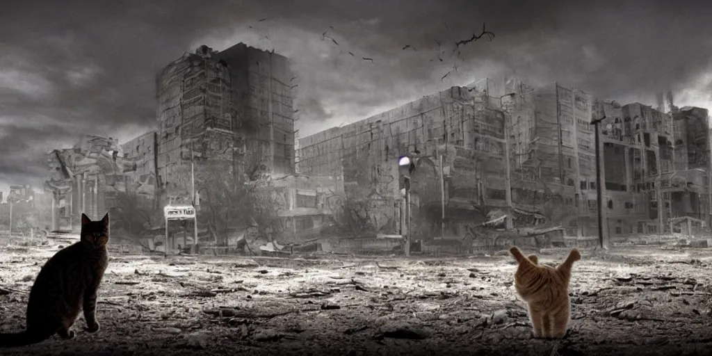 Image similar to a nuclear apocalypse with a lonely cat as the last survivor