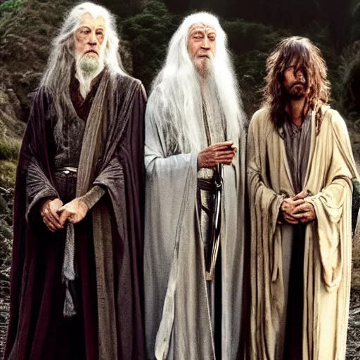 Prompt: promotion image of a rock band consisting of Galadriel, Gandalf, Frodo and Aragorn. High detailed, Annie Leibovitz, high quality, gloriously awesome-n 5