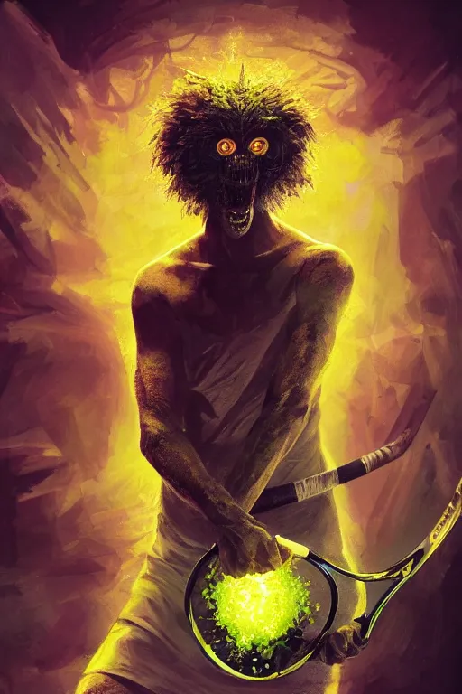 Image similar to portrait of tennis ball monster wielding a tennis racket, visible aura of madness distorting the surroundings, occult details, greg rutkowski style, high quality, 8 k,