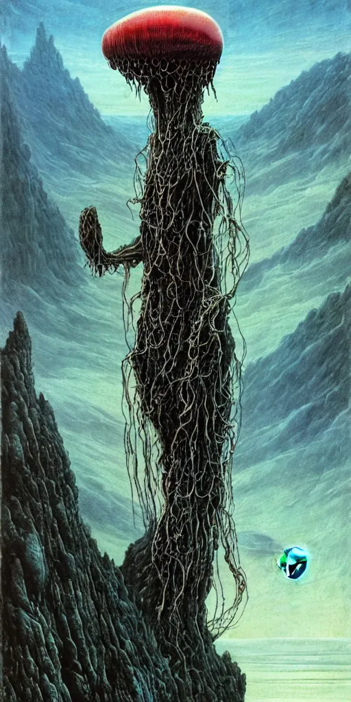 Image similar to A detailed lonely tesla roboalien with jellyfish head stands among the mountains. Wearing a ripped mantle, robe. Perfect face, colossal scale, extremely high details, realistic, fantasy art, solo, masterpiece, art by Zdzisław Beksiński, Arthur Rackham, Dariusz Zawadzki