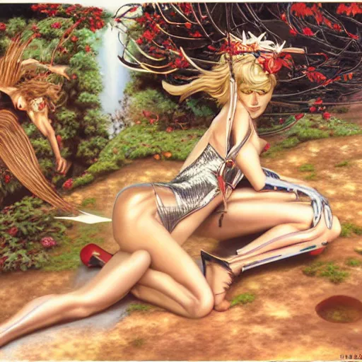 Image similar to the clockwork elf maiden, painting by Hajime Sorayama