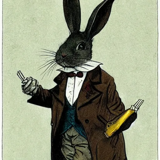 Image similar to a rabbit dressed as sherlock holmes, in the style of Carl larsson