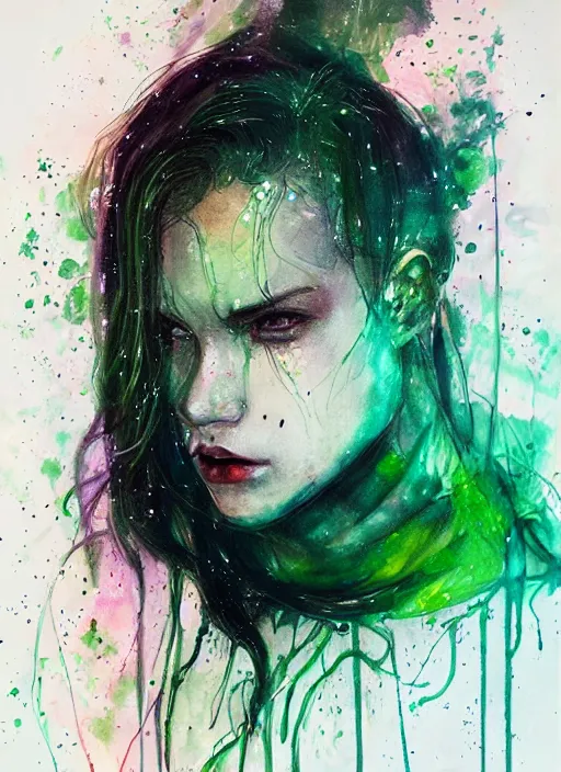 Image similar to green ranger by agnes cecile, luminous design, pastel colours, ink drips, autumn lights