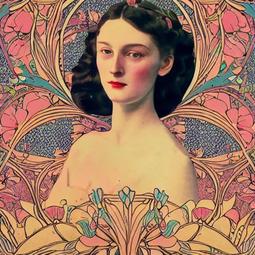 Prompt: a lot of flowers patterns morphing in a beautiful girls face, art nouveau wallpaper, film still by wes anderson, depicted by balthus, limited color palette, very intricate, art nouveau, highly detailed, lights by hopper, soft pastel colors, minimalist
