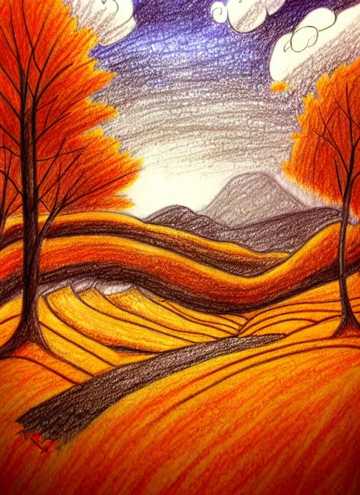 Image similar to beautiful drawing of a landscape in autumn, happy and cartoonish background, by tokenin, by glitchedpuppet, gradient orange, black, cream, brown and white color scheme, trending in artstation, award winning illustration