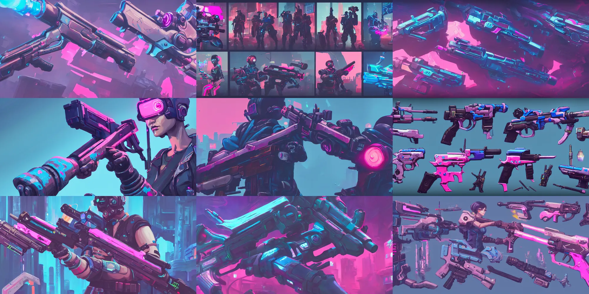 Prompt: game asset of cyberpunk guns, in gouache detailed paintings, props, stylized, 2 d sprites, kitbash, arcane, overwatch, blue and pink color scheme, 8 k, close up