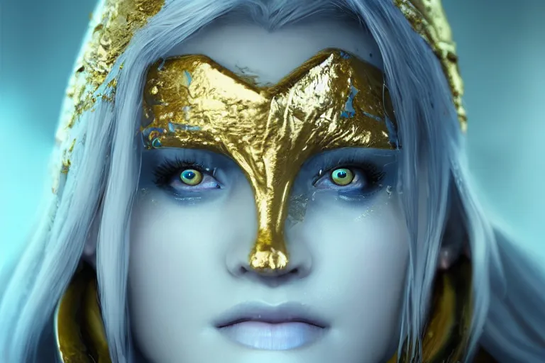 Prompt: Malevolent Ice Queen with gold leaf in the style of Artstation, Unreal Engine, photorealistic, highly detailed