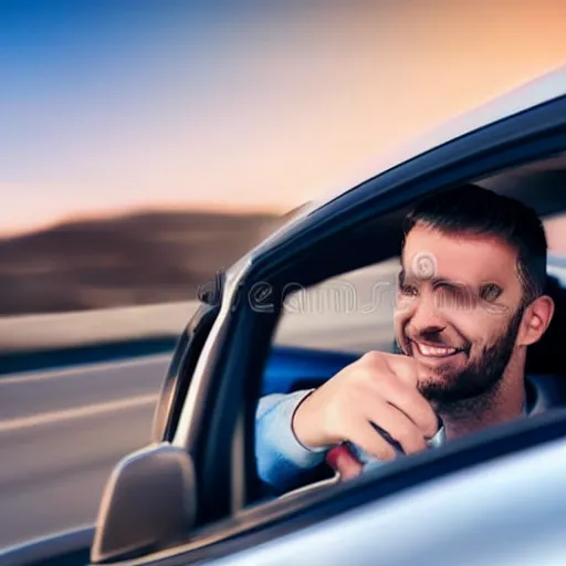 Prompt: man driving brand new car, freeway, open road, ultra hd, stockphoto