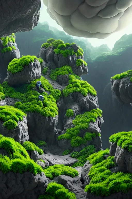 Prompt: an ultra - realistic massive volume cave : 5, ; bright coloured natural flowers and ferns : 1 ; miniature tiny futuristic city : 3 ; endless plain with mysterious clouds : 2, highly symmetrical, a pterodactyl flying in a huge perfect glass sphere, octane render hd, 4 k, ultra - realistic, in unreal engine, trending on artstation, concept art