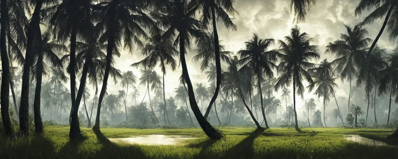 Prompt: sri lankan landscape, coconut trees, elephants, volumetric lighting, volumetric shadows, photorealistic, nature photography, realistic oil painting by tomas sanchez and grey rutkowski - h 7 6 8