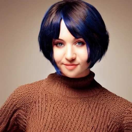 Image similar to beautiful woman with short blue hair, big brown eyes, wearing a brown sweater