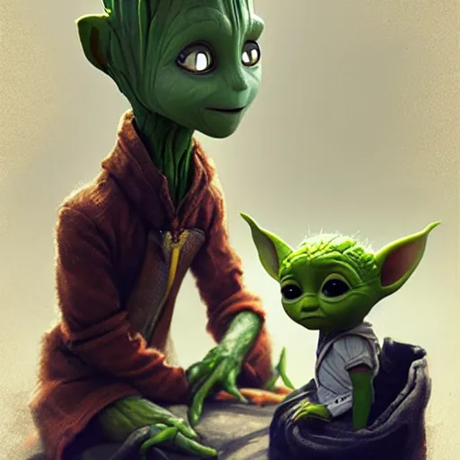Prompt: Cute Elven baby Groot and Yoda by Greg Rutkowski and Pixar, asymmetrical, Organic Painting , Matte Painting, geometric shapes, hard edges, street art, trending on the artstation, realistic, high quality:2 by Sachin Teng:4