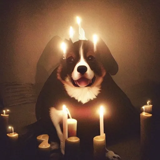 Image similar to gothic cathedral, finely detailed corgi wearing goth makeup, candles, smoke, glow