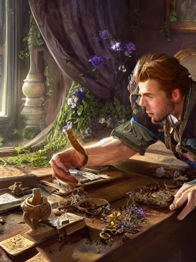 Prompt: a magical male socerer, working in a table with rare artifacts. weeds and flowers growing on the floor. intricate, elegant, highly detailed, digital painting, artstation, concept art, sharp focus, illustration, by justin gerard and artgerm, 8 k