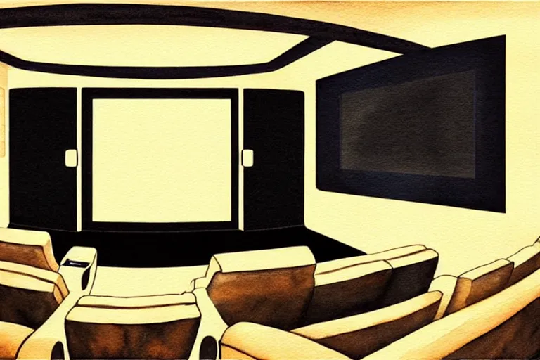 Image similar to very wide view of a modern home movie theater with giant projector screen!!, detailed art deco decoration!!, wall lights, plant, popcorn machine, watercolor painting trending on artstation