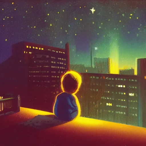 Image similar to a kid in a big city, on a rooftop, watches a beautiful night full of stars and tech buildings, from a by paul lehr