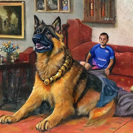 Image similar to a humanoid german shepherd beast - man, sitting and watching a soccer match in his house on television, he has hurt his knee and is a dad, by erin hanson, alexi zaitsev, karl spitzweg, award winning, tv set