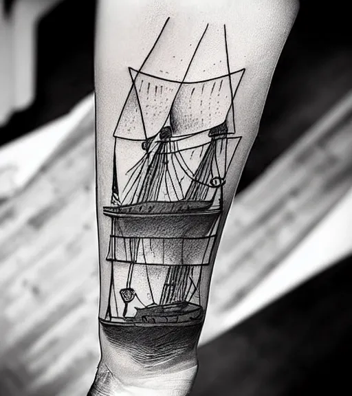 Prompt: A realistic tattoo design sketch of a pirate ship, white background, black and white, highly detailed tattoo, shaded tattoo, hyper-realistic tattoo