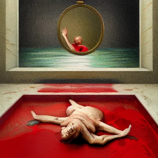 Prompt: Donald Trump full body laying in a blood red pool of water between a golden mirror frame, outside is space and inside the mirror frame is a beautiful landscape., physically accurate, dynamic lighting, intricate, elegant, highly detailed, digital painting, artstation, HR GIGER, Hieronymus Bosch, Francis Bacon, concept art, smooth, sharp focus, illustration, art by artgerm and greg rutkowski and alphonse mucha