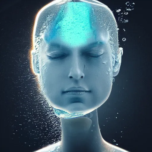 Image similar to water artwork manipulation in the shape of a human head stuffed in a bottle, on the ocean water, futuristic, glowing, gradient, hyper realistic, ray tracing, realistic water, sharp focus, long shot, 8 k resolution, cinematic, photoshop water art