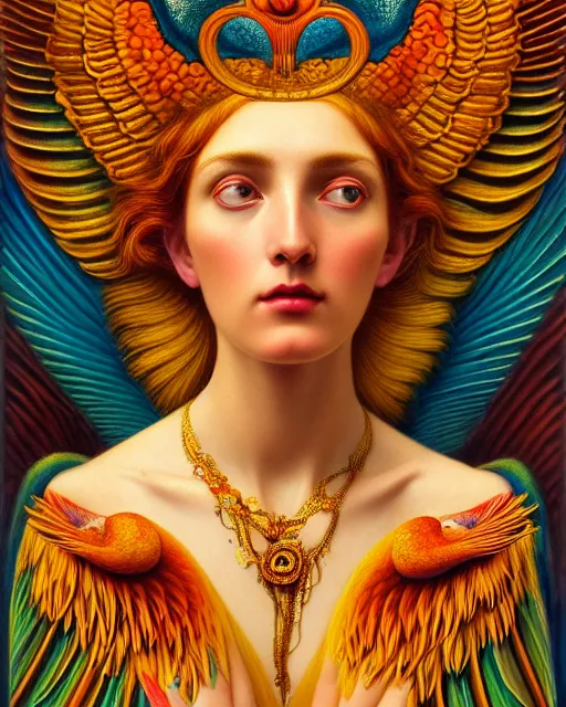 Prompt: portrait of the beautiful young goddess of birds, unusual beauty, etheric, outworldly colours, emotionally evoking symbolic metaphors, head in focus, fantasy, ornamental, intricate, elegant, highly detailed painting style photo, artstation, concept art, painterly, golden ratio, sharp focus, illustration, art by john william godward and leonora carrington,