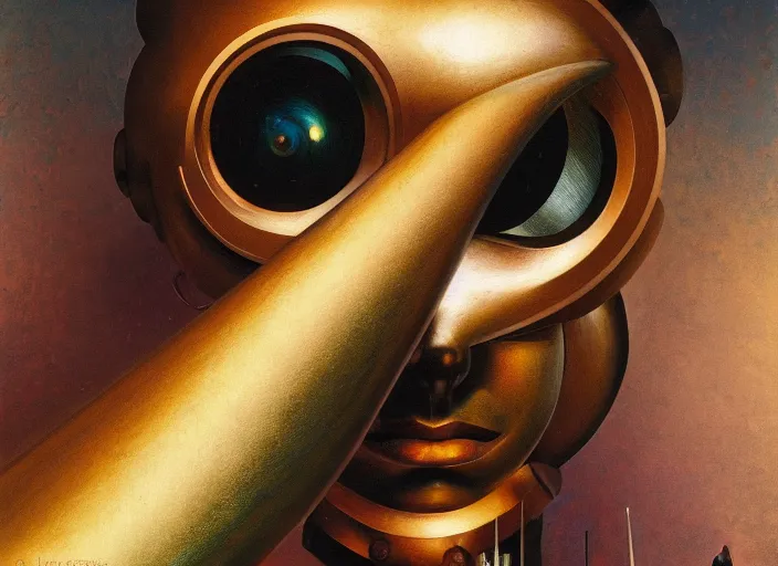 Image similar to a portrait headshot of sci fi metallic human, bright eyes, melancholic complex geometric figure liminal machinery by oskar schlemmer, moebius, john berkey, film grain, oil on canvas, portrait facial head, featured on artstation, hd wallpaper, 8 k, bright colors, global lighting